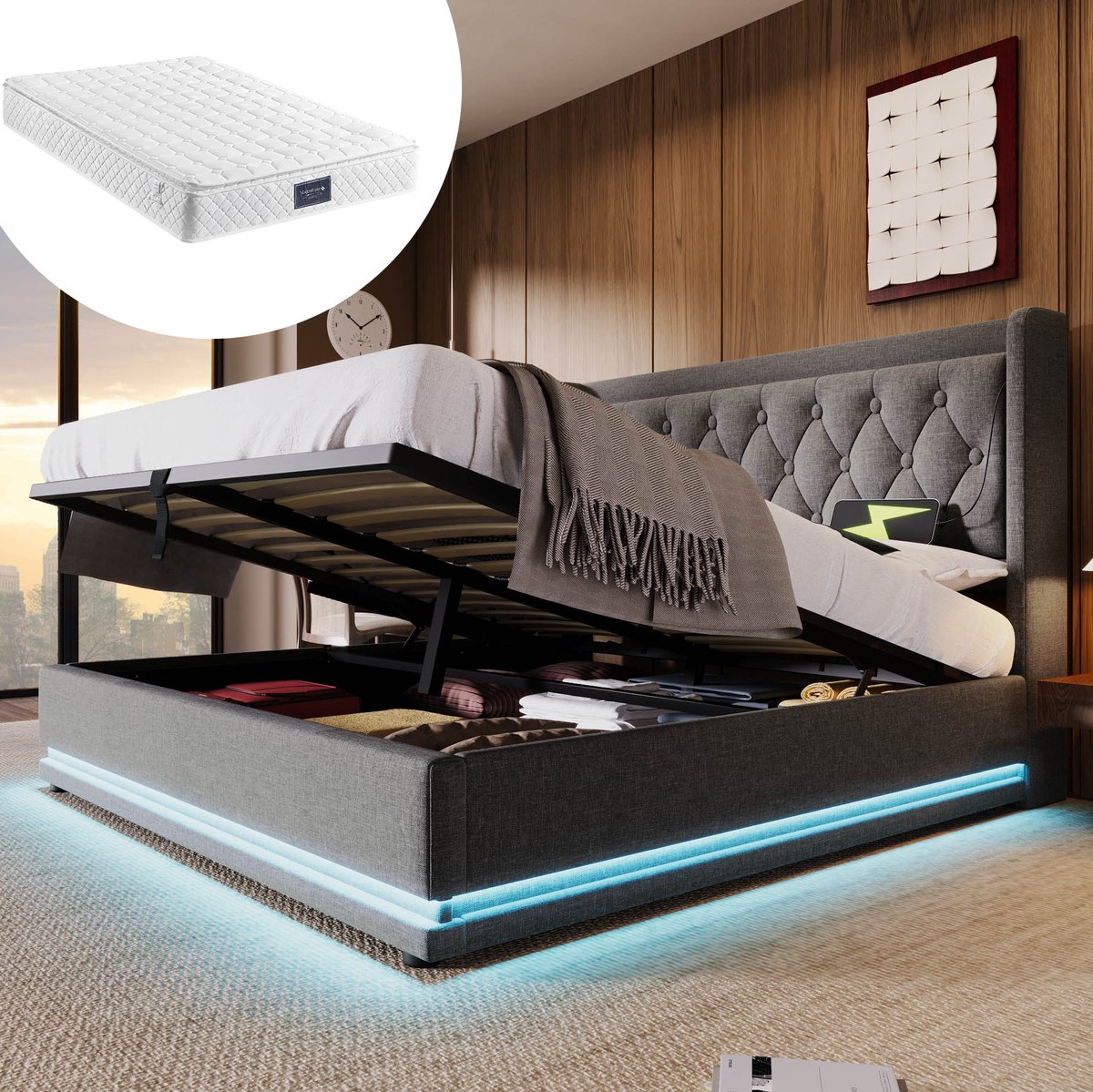 MEUNIQ tweepersoonsbed 160x200 cm met hydraulische opbergruimte, gestoffeerd hoofdbord met USB en Type-C, 3-zijdige LED-verlichting, grijs