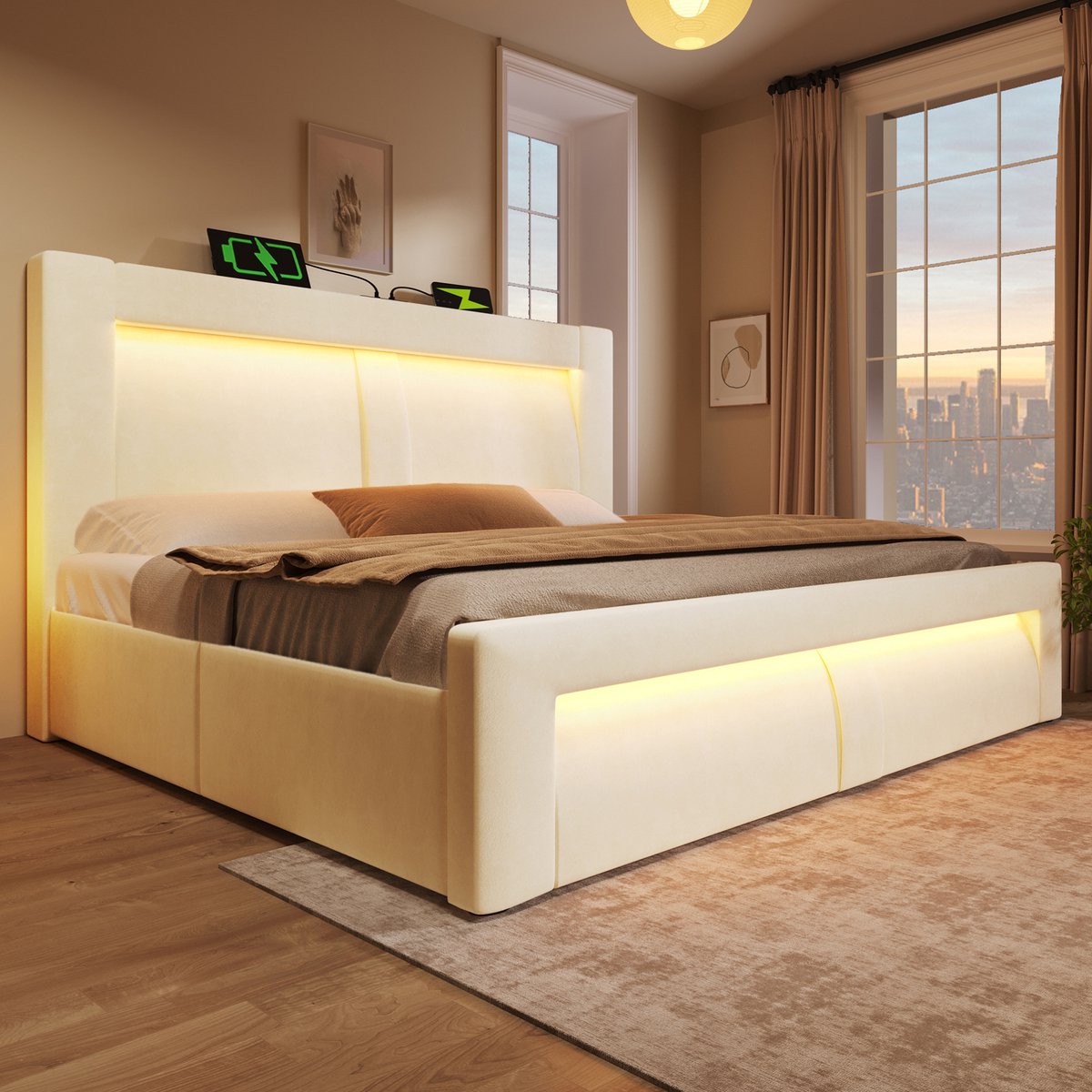 MEUNIQ tweepersoons bed 180x200 cm met opbergruimte, hydraulisch bed met LED-verlichting, USB en Type-C, lattenbodem, gebogen hoofdbord, beige