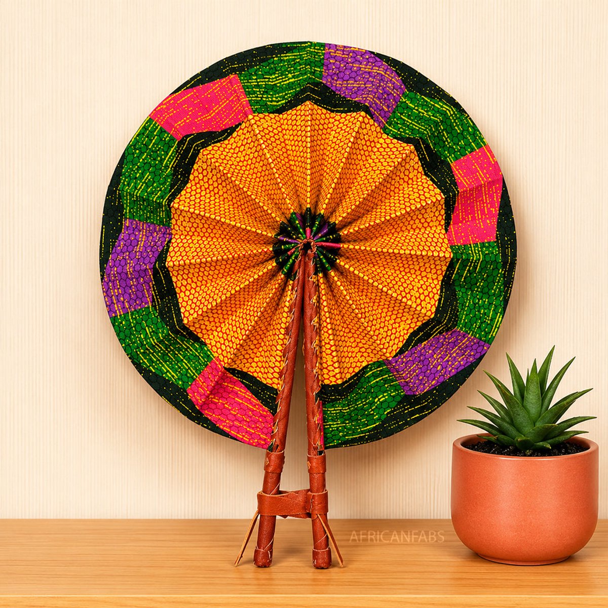 Afrikaanse handwaaier - Ankara print waaier - Oranje Groen Akuffo