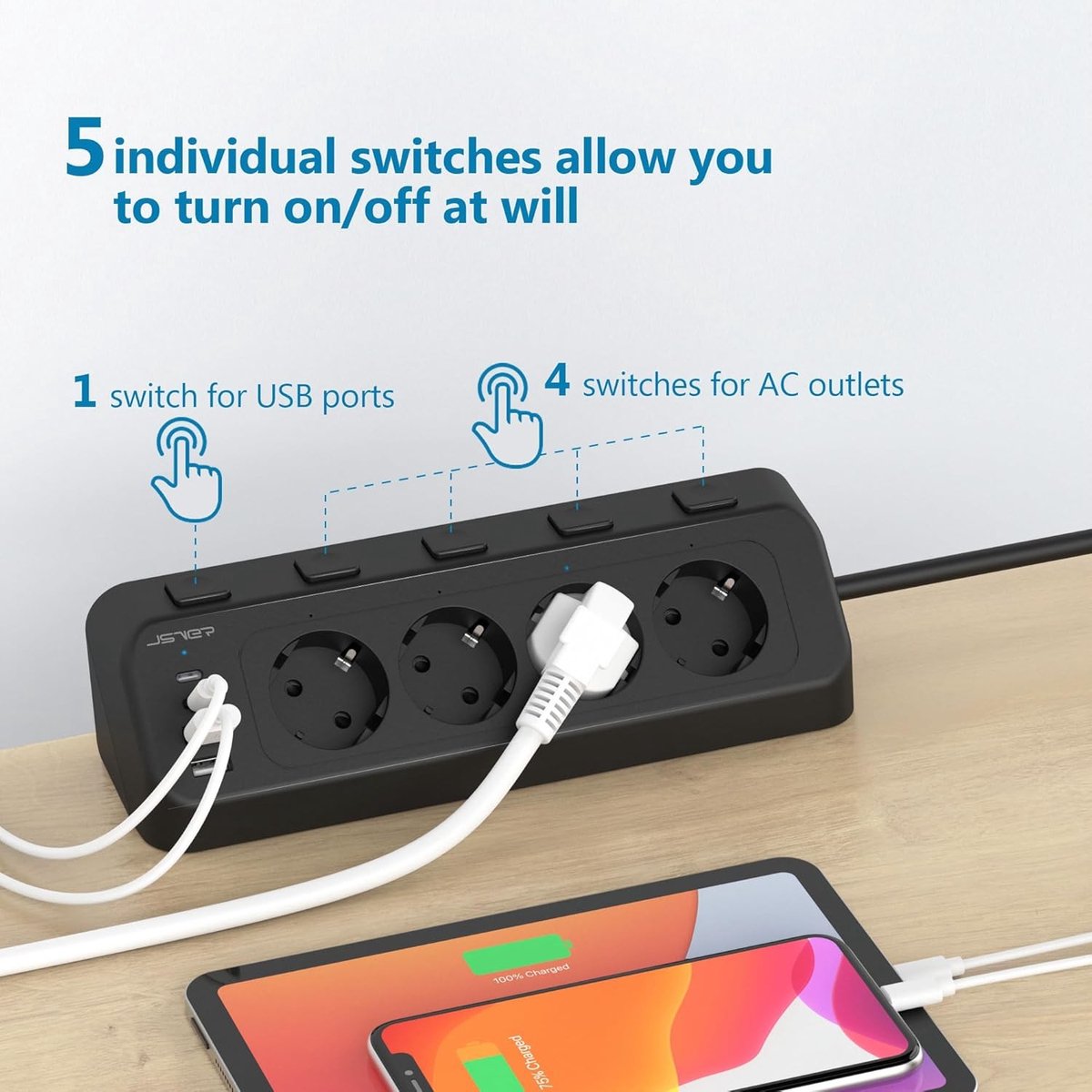 Hoekstopcontact - Zwart - 4 Stopcontacten met Individuele Schakelaars - 2 USB A- en 2 USB C-poorten - Voor Kantoor en Thuis