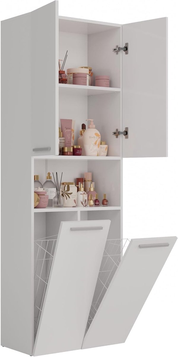 Badkamerkast met Wasmand - Opbergkast Badmeubel - Badkamer Organisatie - Dubbele Wasmanden - 174x60x30 cm - Wit