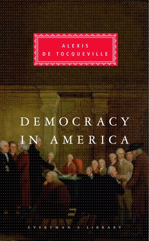 De kaft van 'Democracy in America' van Alexis de Tocqueville, met een schilderij van een groepsbijeenkomst.