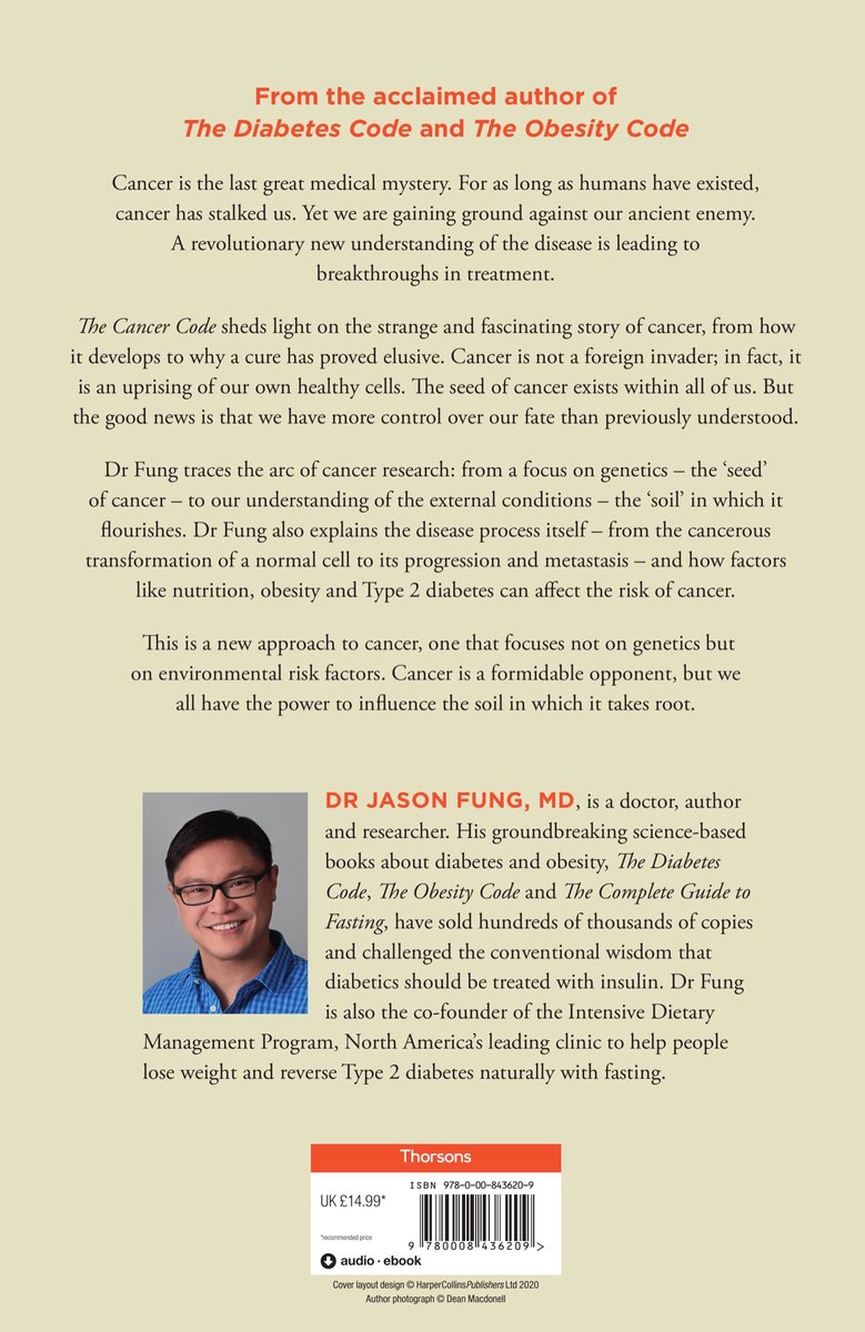 Boekomslag met portret van Dr. Jason Fung, een man met bril, lachend naar de camera. De titel "The Cancer Code" staat bovenaan, gevolgd door "A Revolutionary Understanding of a Medical Mystery".