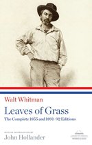 Lange mouwen, lichtgekleurd overhemd, broek met riem, hoed en baard. Met "Walt Whitman Leaves of Grass".