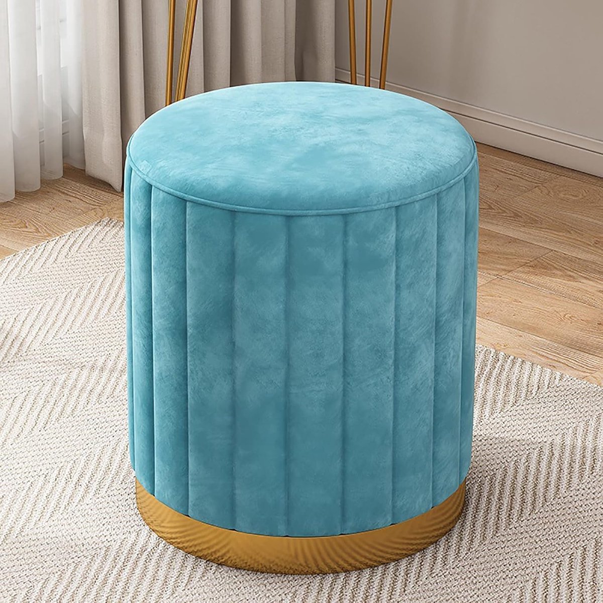 Ronde Fluwele Voetensteun - Poef Ottomaan - Woonkamer Comfort - Massief Houten Frame - 34x34x44cm - Blauw