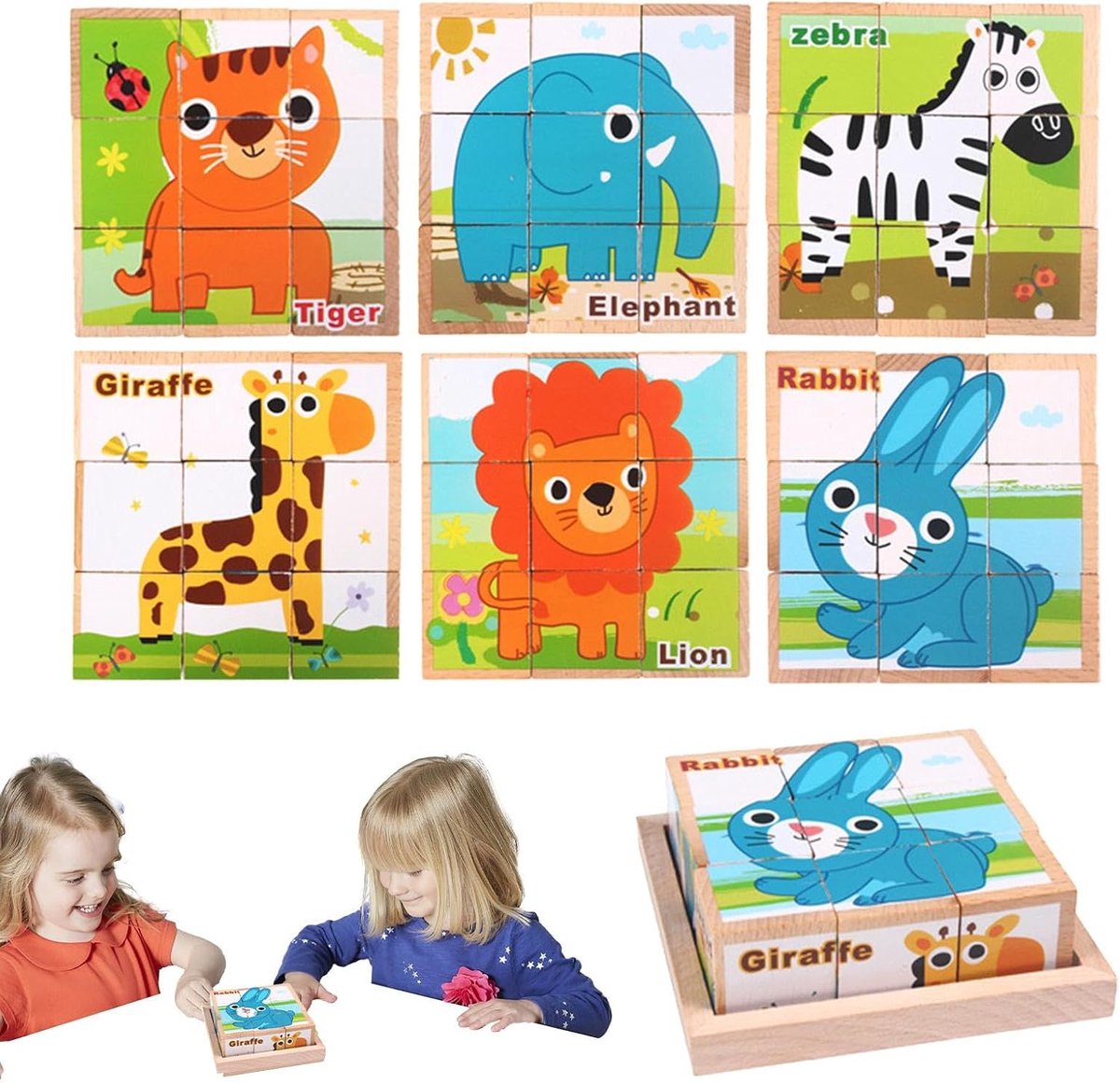 Houten Kubus Puzzel - Blok Puzzel - Cognitieve Ontwikkeling - Met Opbergdoos - 10.5 cm - Houtkleur