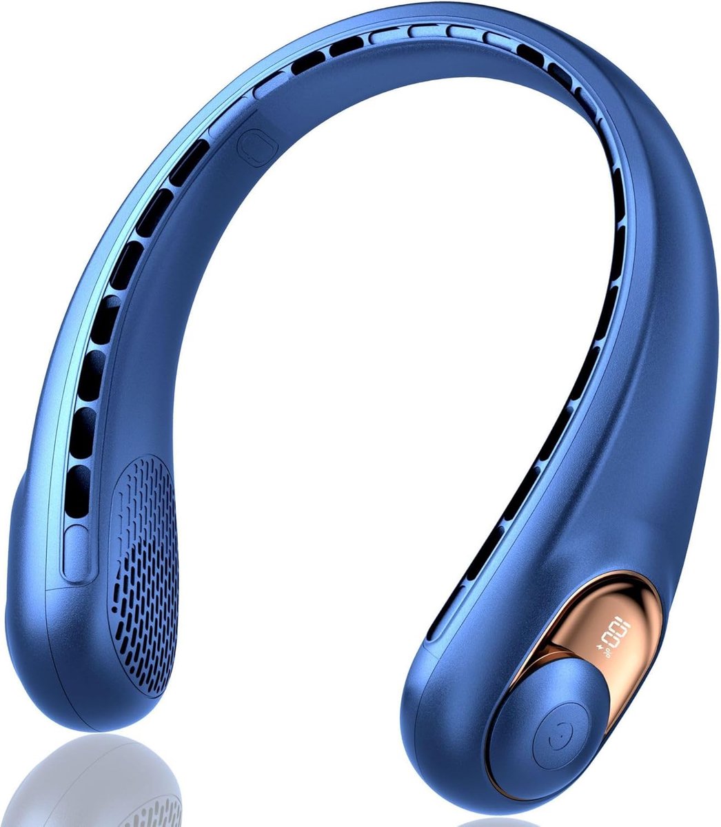 Draagbare nekventilator, oplaadbaar, LED-display, 3 instelbare snelheden - blauw