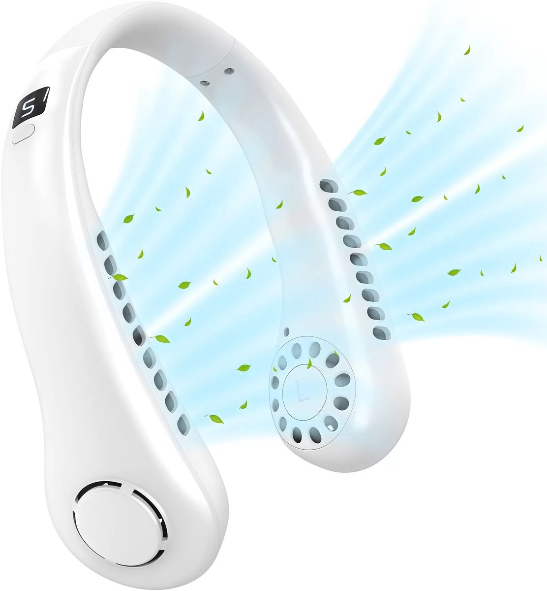 Bladloze nekventilator, draagbare nekventilator met led-display, oplaadbaar, 360° nekventilator, wit.