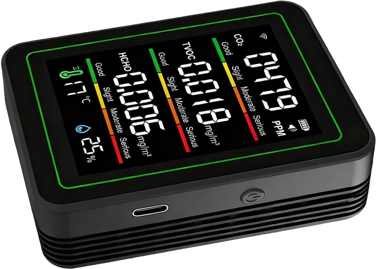 Luchtkwaliteitsdetector - CO2 Meter - Binnenlucht Bewaken - 5-in-1 Detectie - 90 x 70 x 35 mm - Zwart