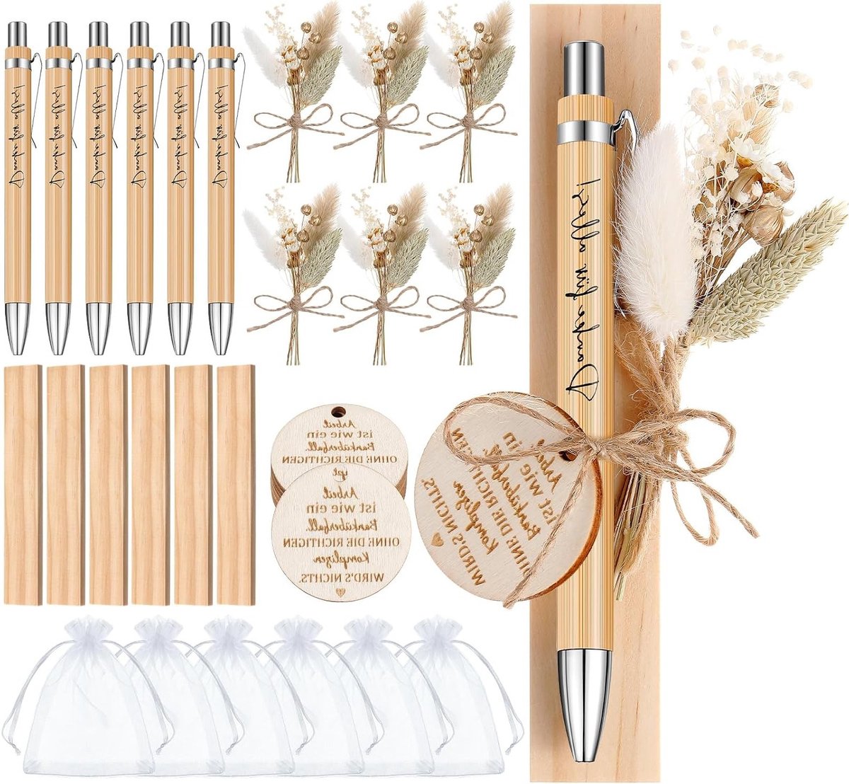 Cadeauset met 6 Ballpointpennen, Plankje met Gedroogde Bloemen en Houten Hanger voor Bedankt of Afscheid