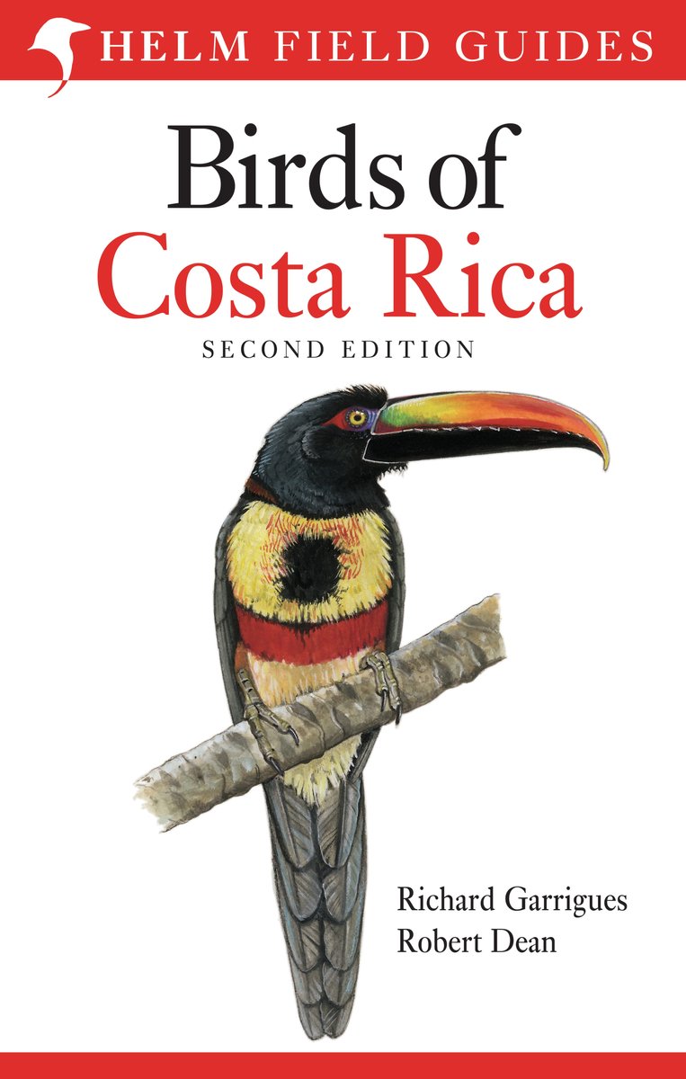 Boek 'Birds of Costa Rica, Second Edition' met illustratie van een felgekleurde toekan op een tak.