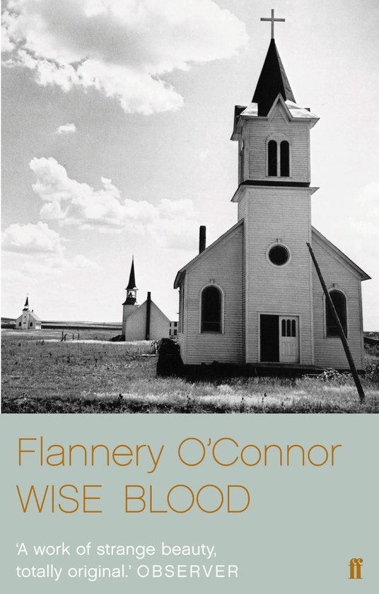 Boekomslag met kerken en tekst 'Flannery O'Connor WISE BLOOD'.