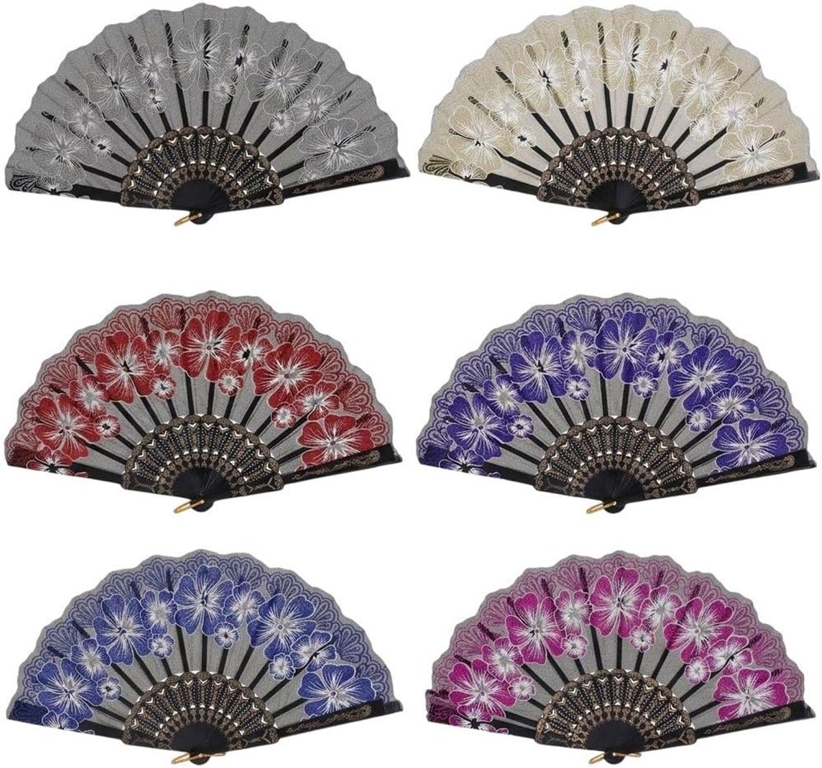 Bloemenwaaiers met glitter - Chinese handwaaiers - Verfrissing in de zomer - Traditioneel oosters ontwerp - 6 stuks - Gekleurd