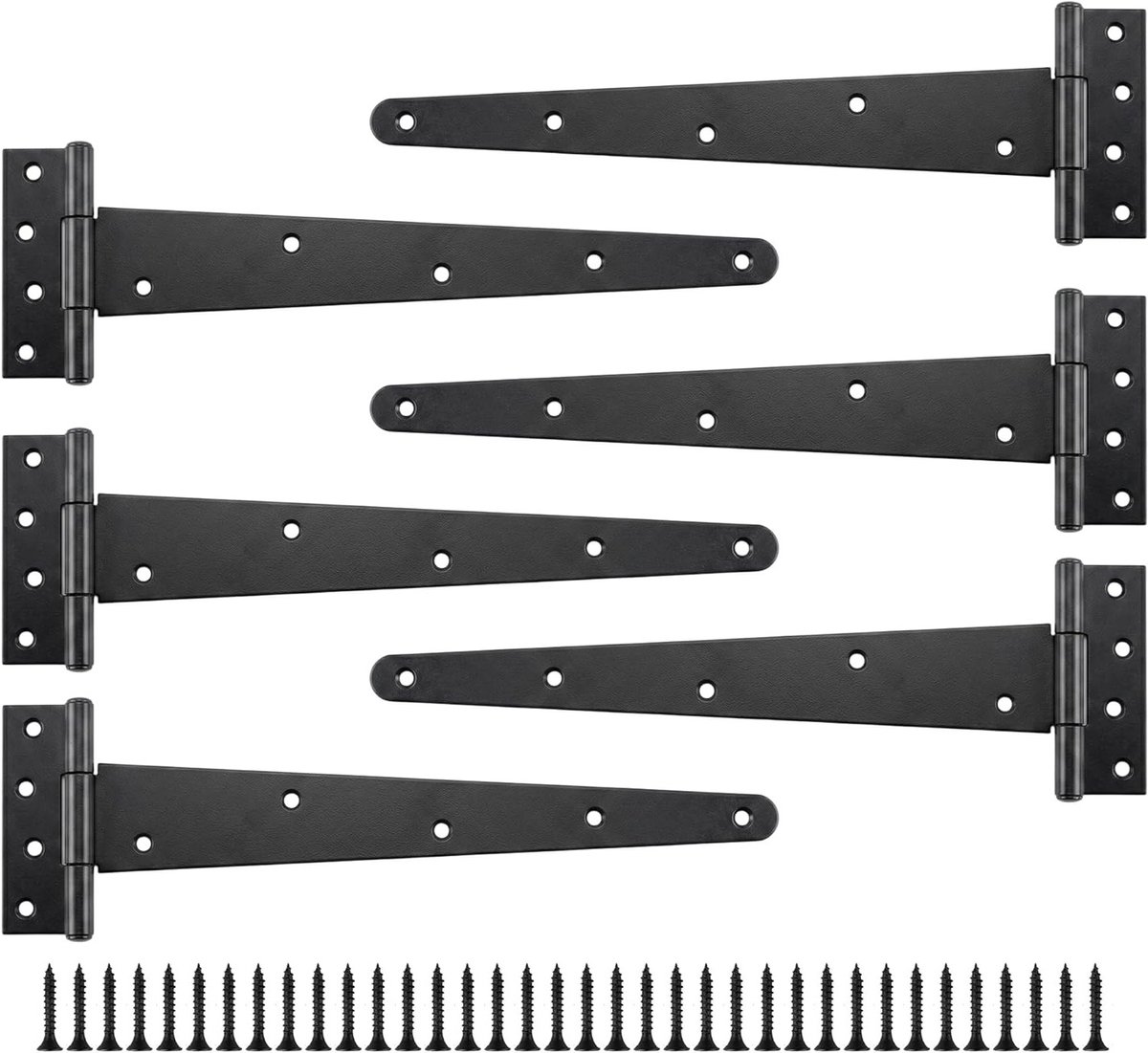 6 Stuks 40 cm T-bandscharnieren, Zware Zwarte Metalen Poortscharnieren met Schroeven voor Tuinpoorten en Schuurdeuren, 2,5 mm Verdikte Dikte