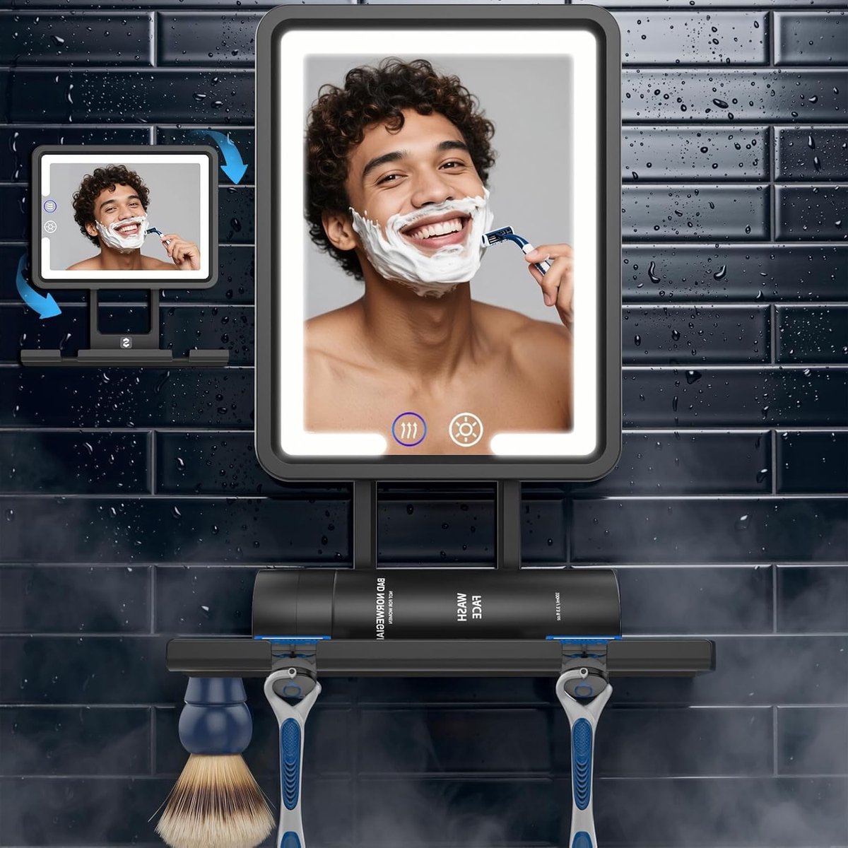 Verwarmde douchespiegel zonder condens, 360° verstelbaar met verlichting, 3 kleurmodi, oplaadbaar en met opbergbak voor scheermes en accessoires, zwart