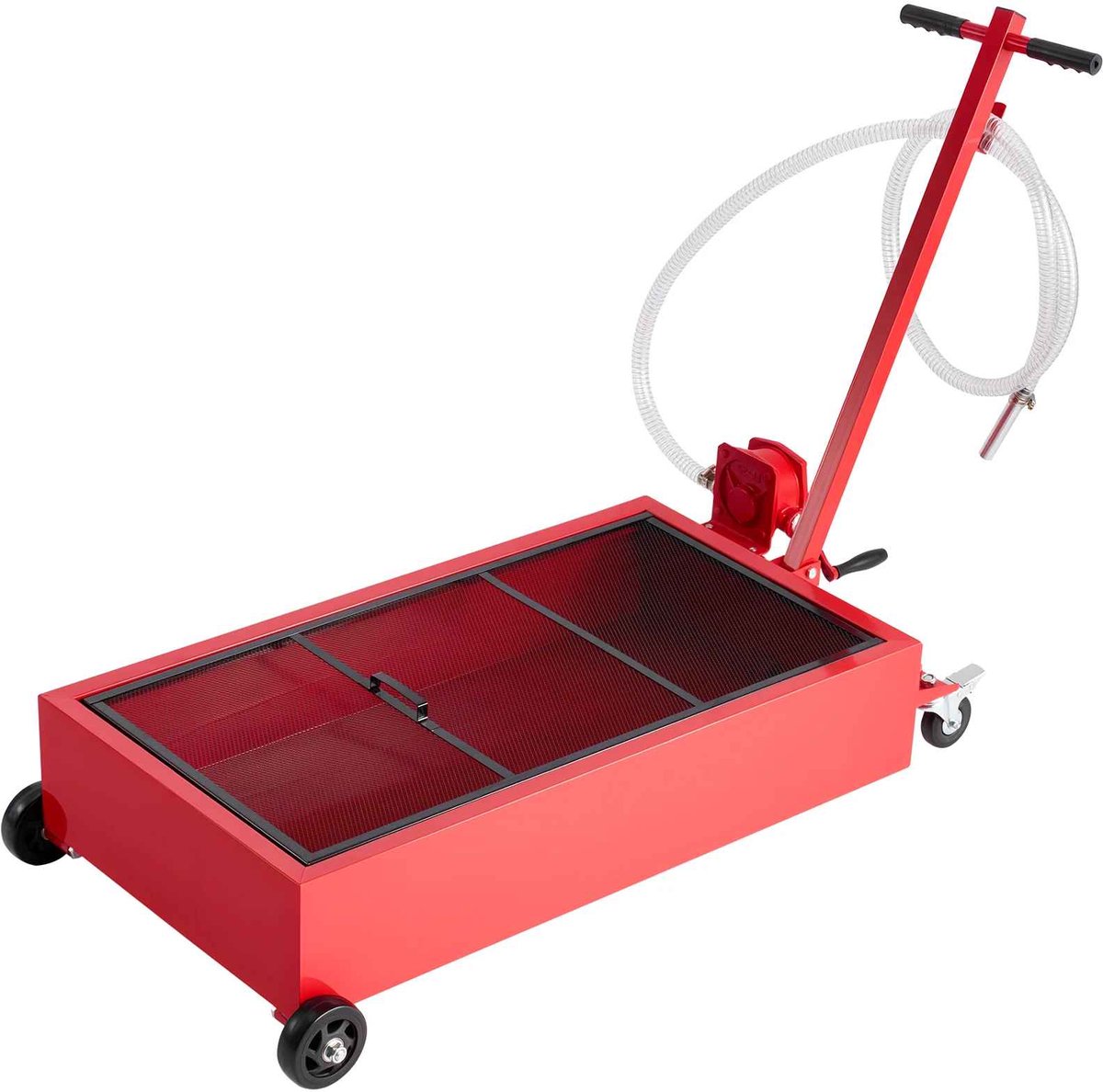 CORE Olieaftappan - 20 Liter Verrijdbare Olieopvangtank met Handpomp - 2.2m Afvoerslang - Mobiele Olieopvangbak op Wielen - Heavy Duty Garage Olieverversingscontainer - 60x125x25.5cm - Rood