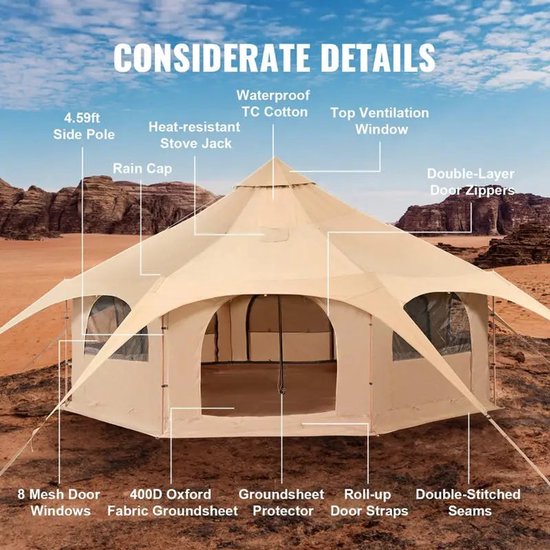Joorly 8 Persoons Kampeertent - 500x280cm - Glamping Tent - 4 Seizoenen - Yurt Tent - Tent met Kachelaansluiting - Gezinstent - Ademende Canvas Tent - Beige — afbeelding 4