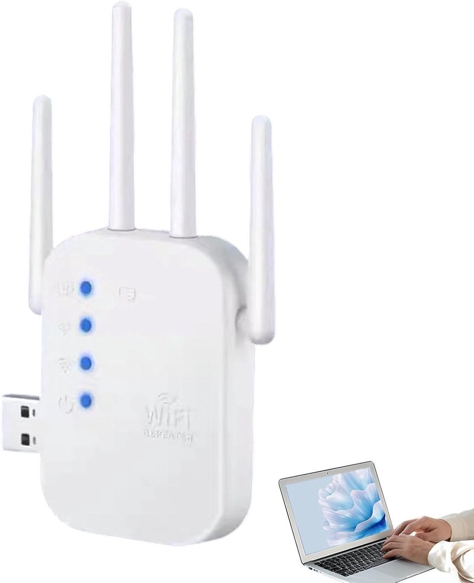 Internetverlenger WiFi Versterker - Draadloze Repeater - Stabiel Groot Bereik - Vier Antennes - Mini Wandmontage - Wit