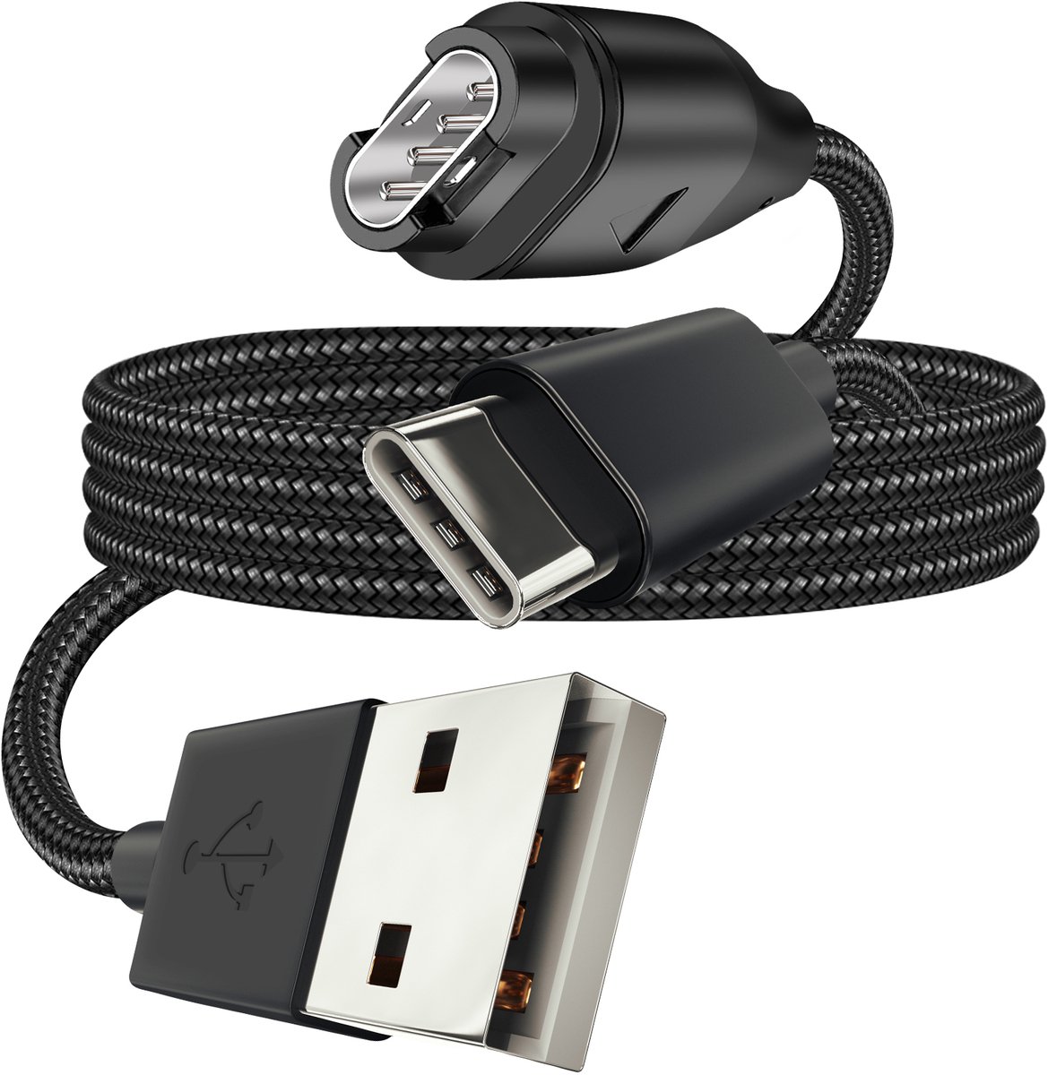 Tactical, Oplaadkabel USB naar Garmin Fenix + USB-C Gevlochten Nylon 1m, Zwart