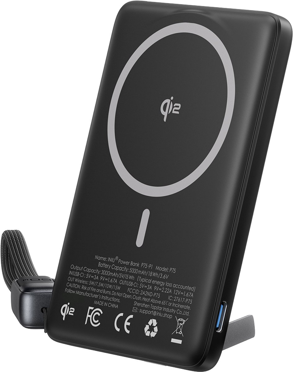 Iniu, Powerbank 5.000 mAh - Geschikt voor MagSafe - MagPro Slim Qi2 15W - Met Standaard & USB-C Kabel, Zwart