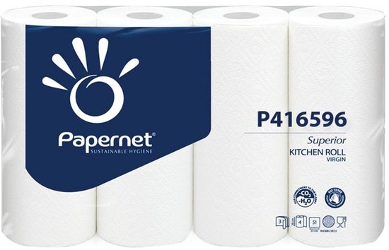 Lot de 4 rouleaux d'essuie-tout Papernet blancs, 3 plis, 51 feuilles par rouleau.