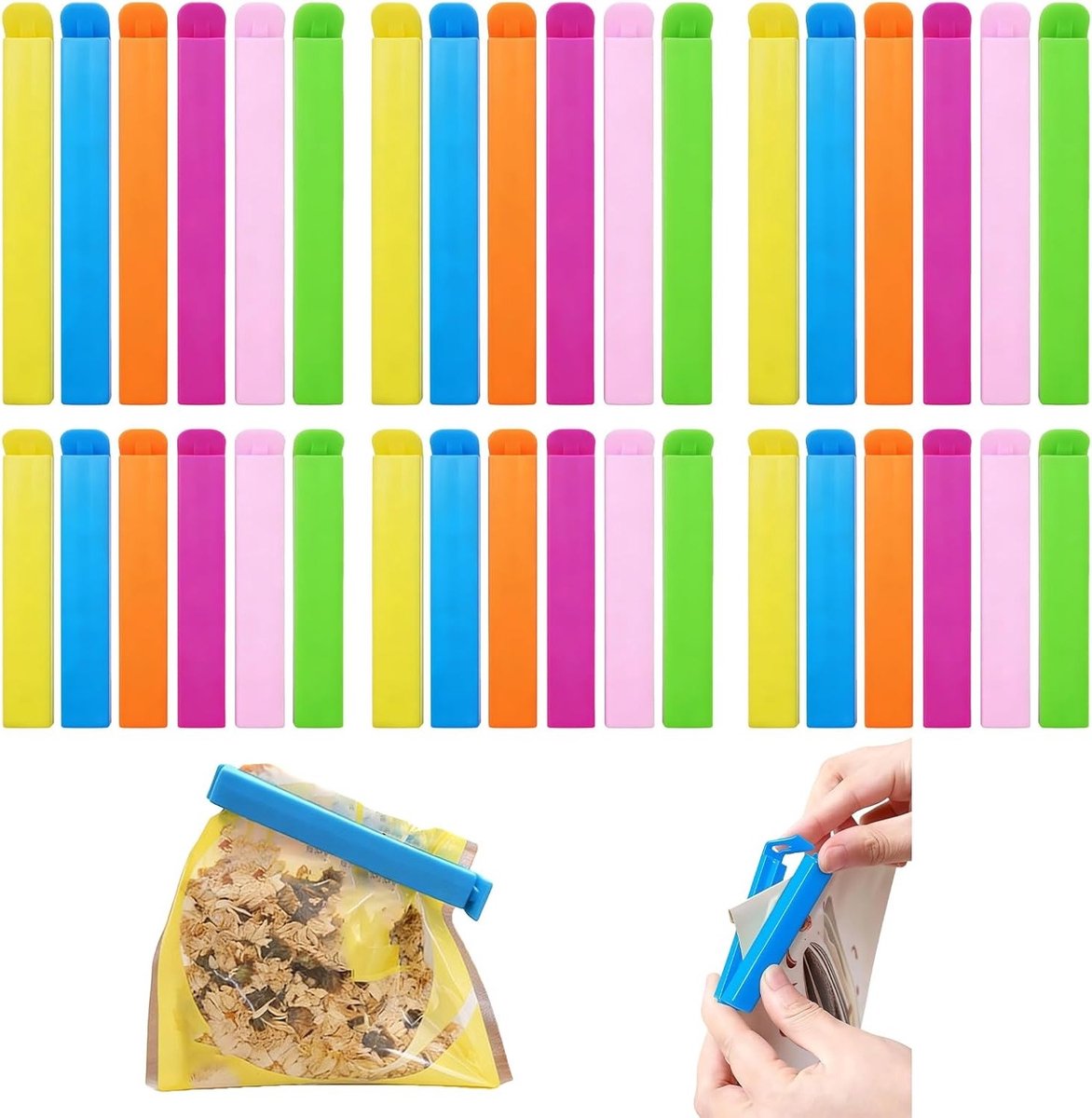 Set van 36 Sluitclips in 6 Kleuren en 2 Maten voor Snacks, Brood en Keukenopslag - Stevige Herbruikbare Plastic Clips voor Voedsel en Diepvries