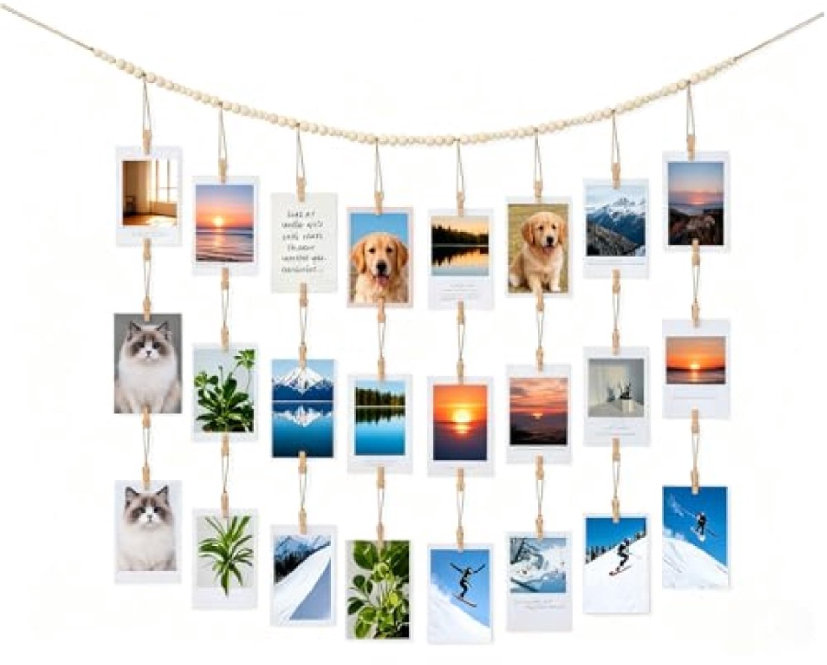 PromoHome Ophangbare Fotodisplay met Klemmen, Boho Houten Kralen Slinger Fotolijst Collage met 28 Houten Klemmen – Fotohouder Muurdecoratie voor Slaapkamer, Woonkamer, Kantoor, Studentenhuis