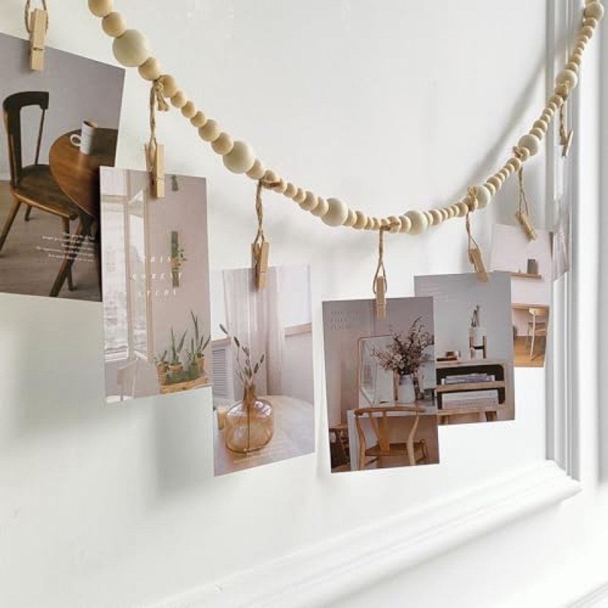 PromoHome Hangende fotodisplay met houten clips en kralen, boho fotoslinger 115 cm voor muurdecoratie slaapkamer woonkamer studentenkamer