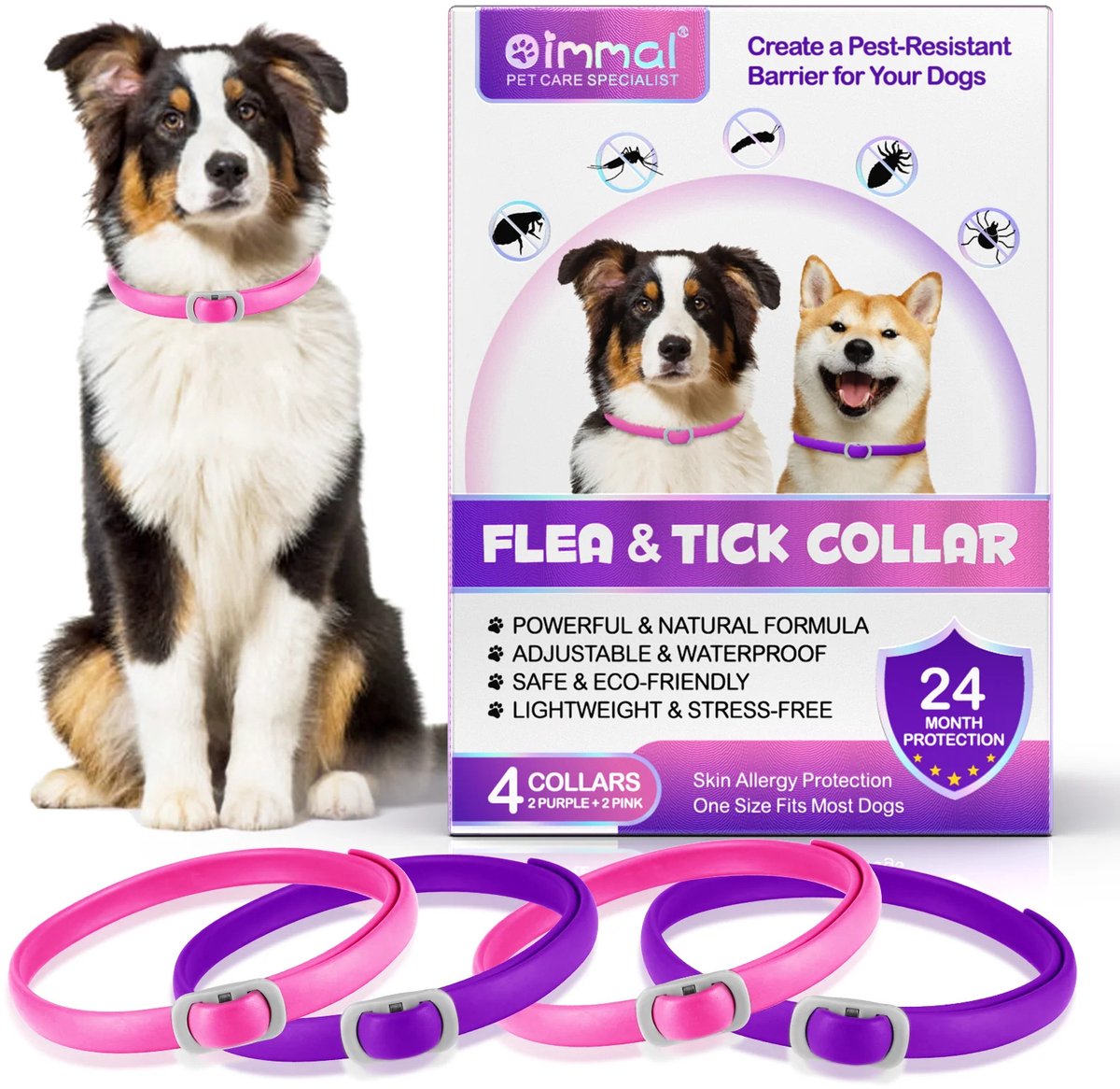 Halsband Hond 4 stuks – Honden Halsband Natuurlijk – Waterbestendig – Verstelbaar – Geschikt voor Alle Hondenrassen – Paars/Roze
