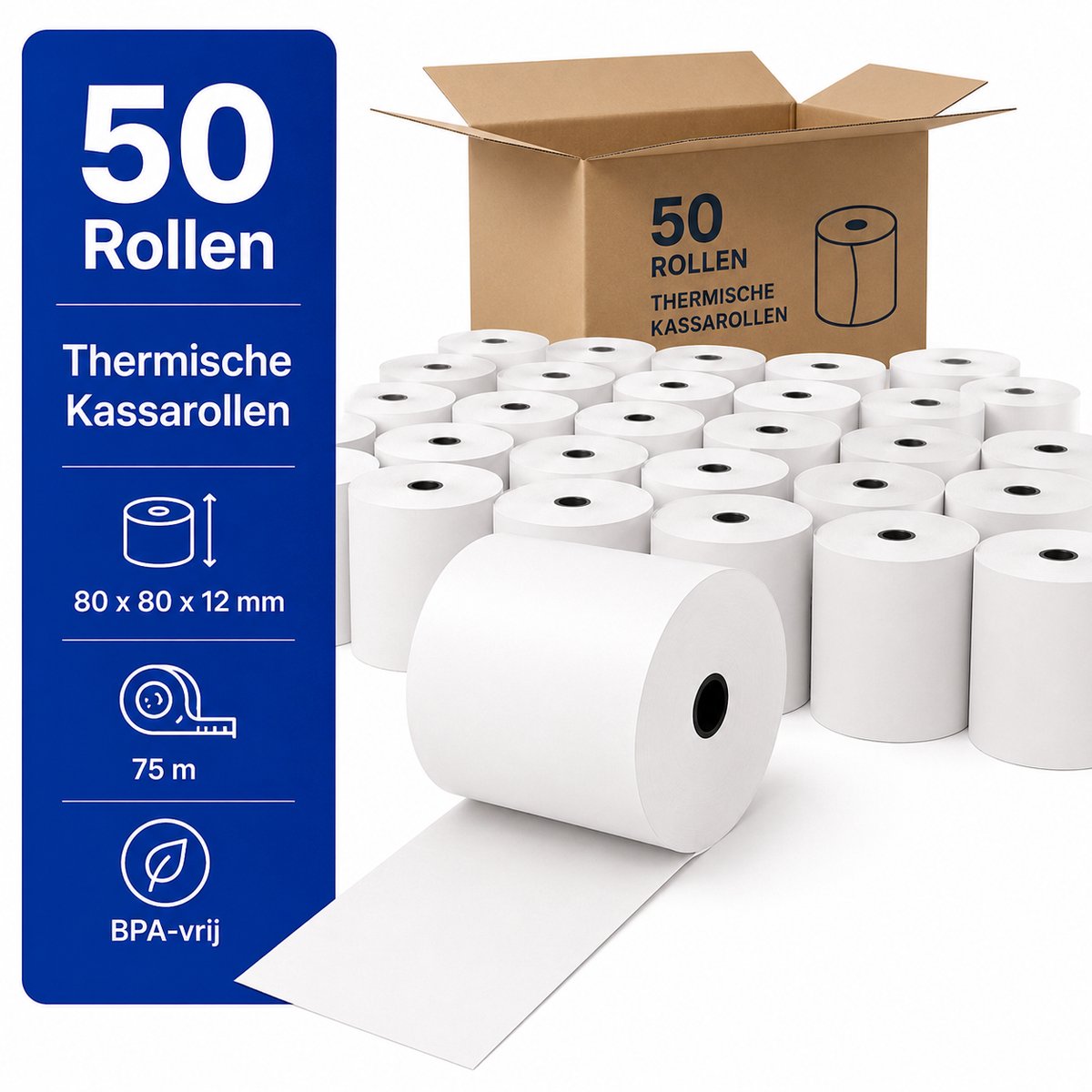 Thermische Kassarollen 80 x 80 x 12 mm – 75 Meter – 48 g/m² – BPA-vrij – Bonrollen voor Kassasystemen – Geschikt voor Epson TM-T88 – 50 Stuks