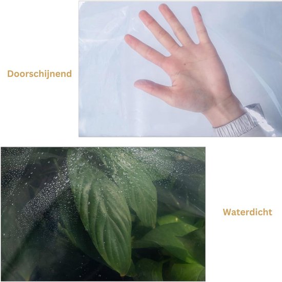 Boven: Hand op transparante stof. Onder: Groene planten onder transparante, waterdichte stof met druppels.
