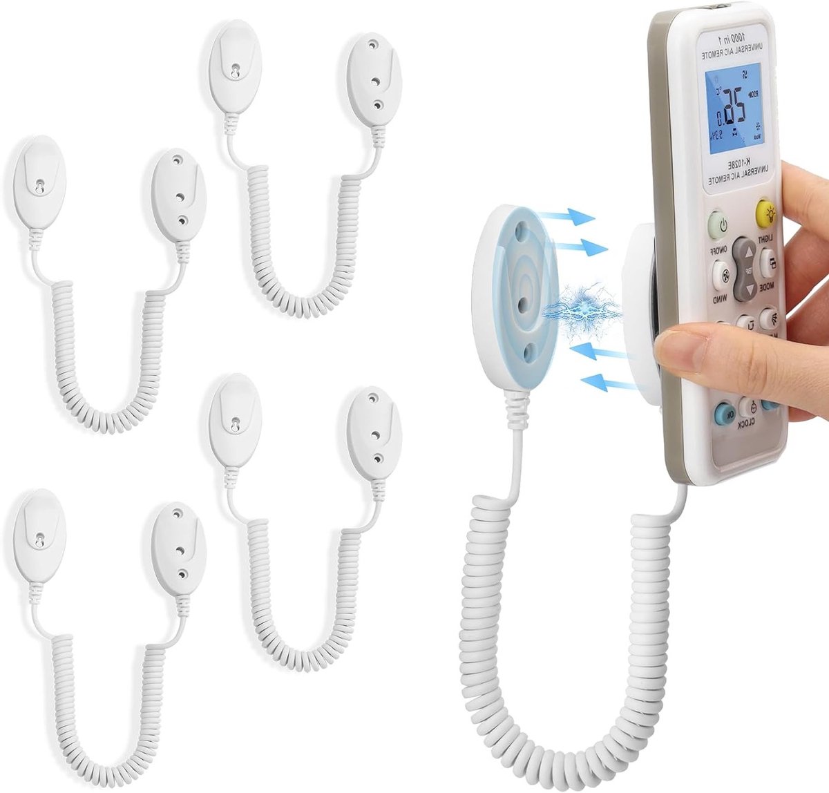 Afstandsbedieninghouders met veertouwen voor wandmontage, veilige grip en anti-verlies functie, verpakking van 4 stuks (wit, 178 cm)