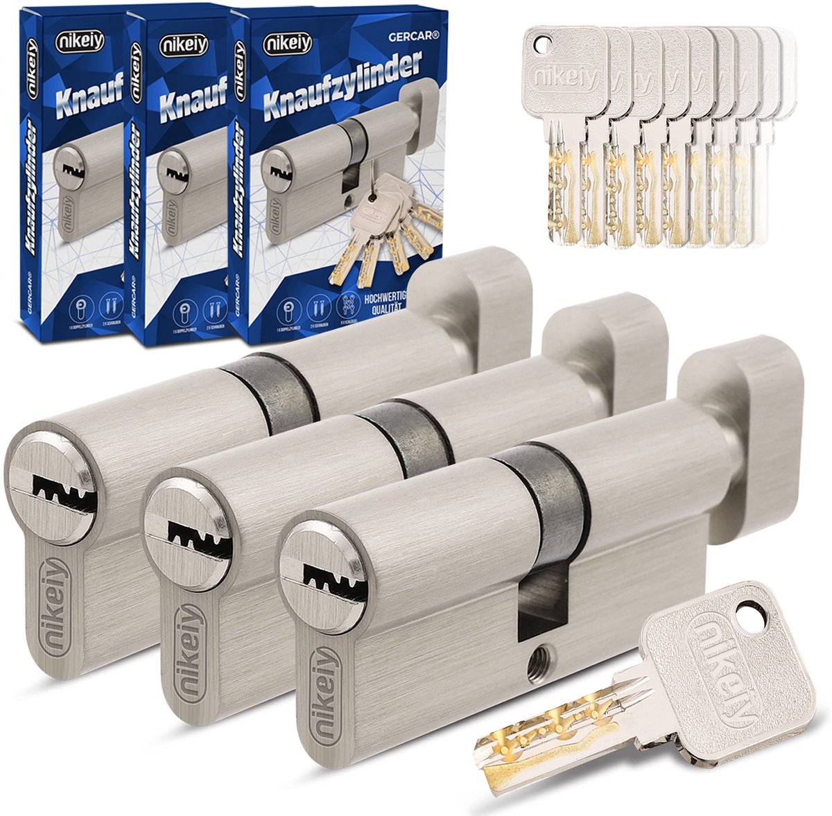 Dailygoods - Pro Gelijksluitend 3x Knopcilinders 30/30 - Set met 15 sleutels