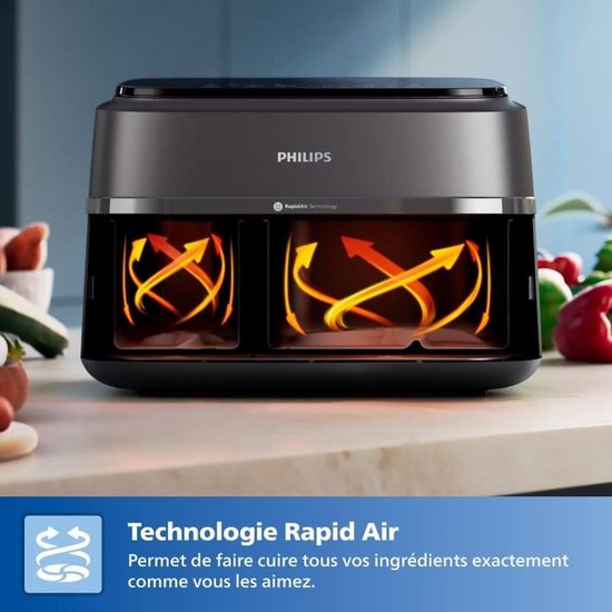 Philips 3000 Series Dual Airfryer - NA351/00 - Dubbele Mand - 9L - Tot 6 Personen - Zwart/Zilver