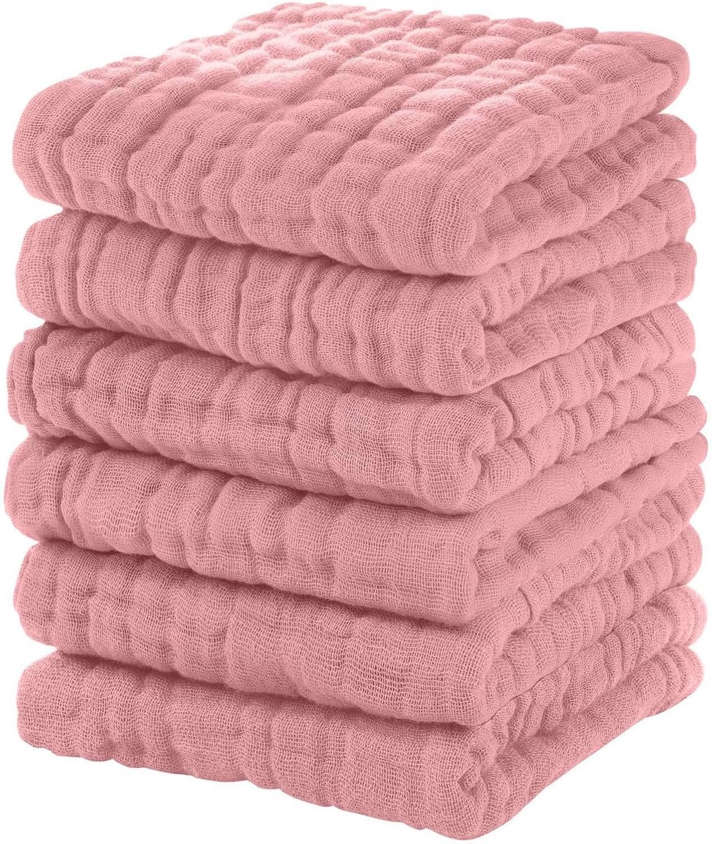 Babywashandjes Katoen - Spuugdoekjes Zacht - Dagelijkse Verzorging - 6-laags Absorberend - 30x30cm 6 Stuks - Lichtroze