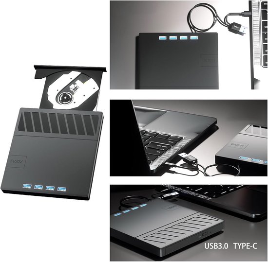 Externe Schijf Drives - Dvd Brander Lezer - Data Overzetten - 7 Poorten Hub - 14.2 cm - Zwart — afbeelding 4