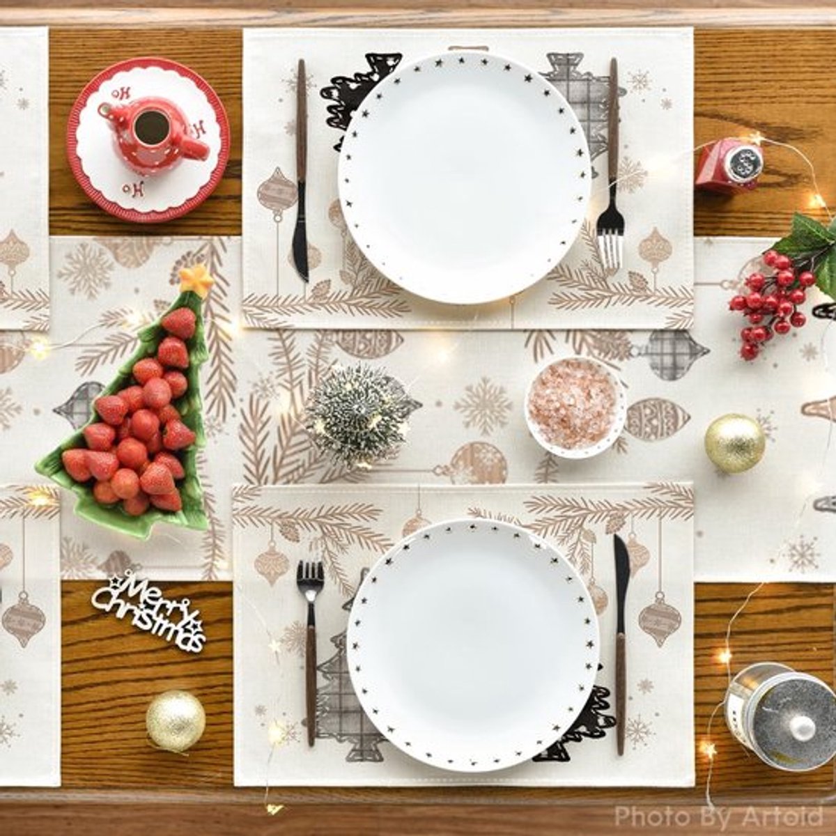 Kerstdecoratie set van 4 placemats wasbaar roze Allecto