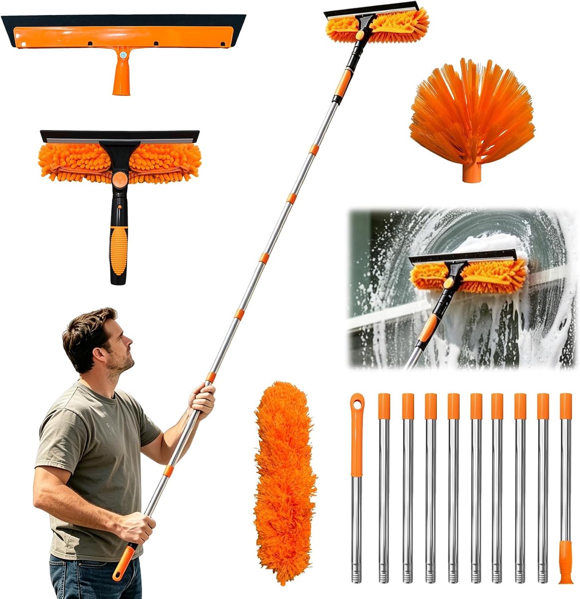 Raamreinigingsset Telescoopsteel - Raamwisser Plumeau - Hoge Ramen Schoonmaken - Verstelbare Lengte 43m - 430 cm - Geel