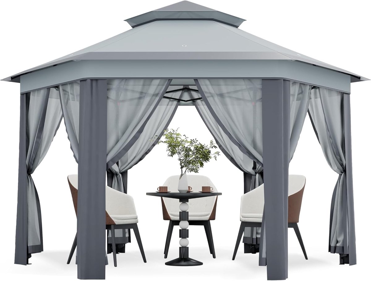 Partytent Hexagonale met Muggennet - 400x400x280cm - Pop-up Paviljoen met Zandzakken - Snel Opzetten - Buiten Overkapping voor Tuin Terras - Grijs