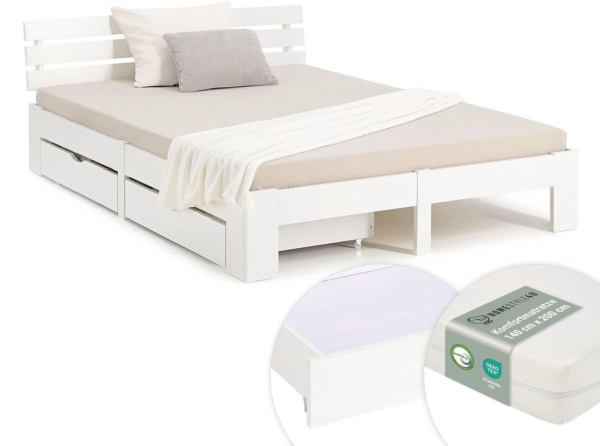 Homestyle4u Tweepersoonsbed - 140x200 cm - met Matras en 2 Bedbakken - Wit