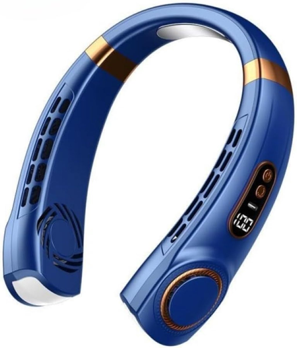 Draagbare LED-nekventilator met slim digitaal display (4000 mAh) en USB-poort, stille werking, multifunctioneel met gekleurde verlichting, geschikt voor buitenactiviteiten en hardlopen in het donker (blauw)