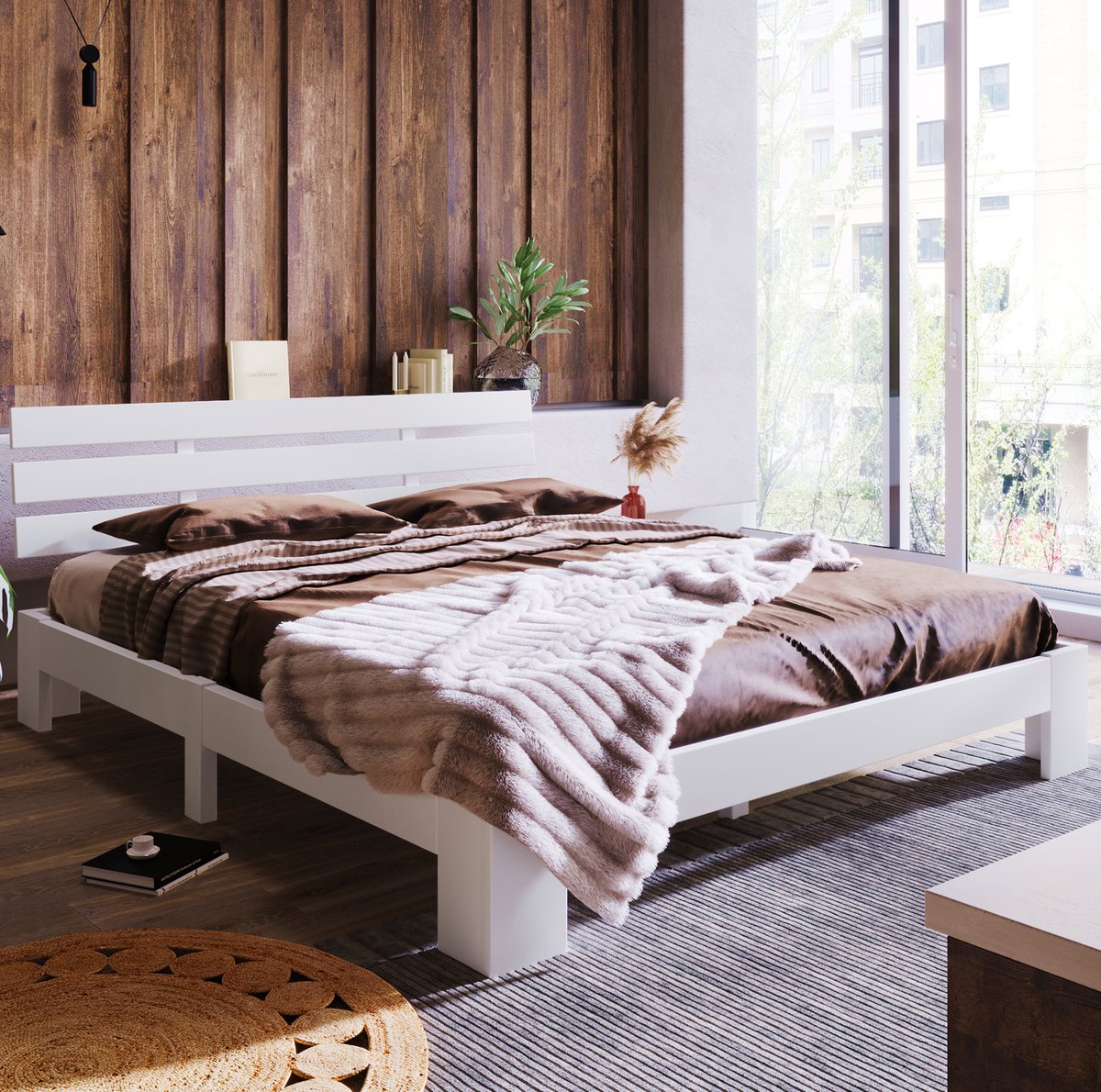 MEUNIQ tweepersoons bedframe 140x200 cm met hoofdbord en lattenbodem, wit houten bed voor slaapkamer of logeerkamer, afmeting 210x144x67,5 cm