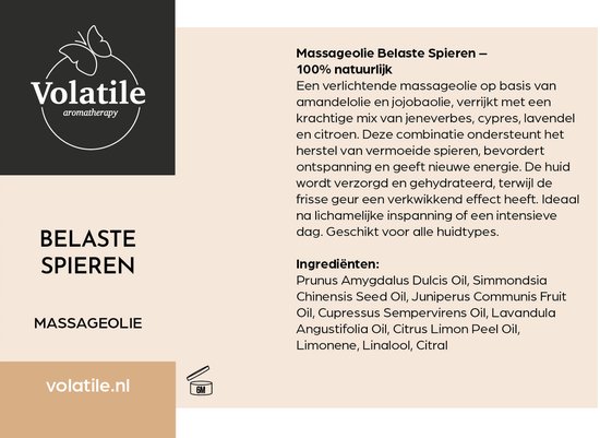 Logo met vlinder en tekst "Volatile aromatherapy". Daaronder "BELASTE SPIEREN MASSAGEOLIE".