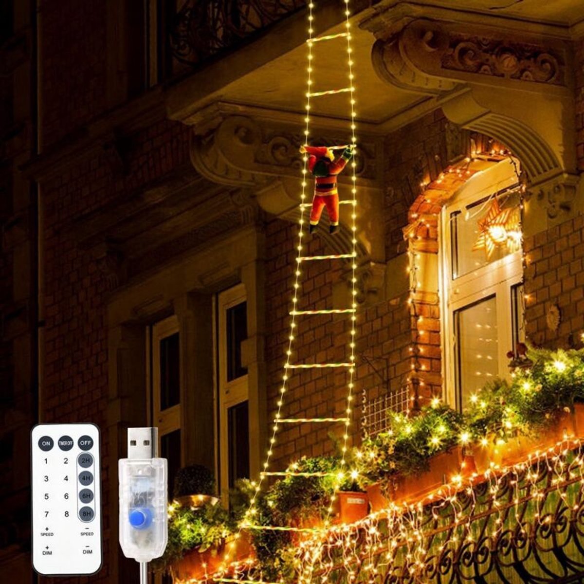 3geschikt voorer lange LED-kerstmanverlichtinggeschikt voor klimladder, kerstversiering, afstandsbediening en 8-traps dimmer, kerstboomversiering.