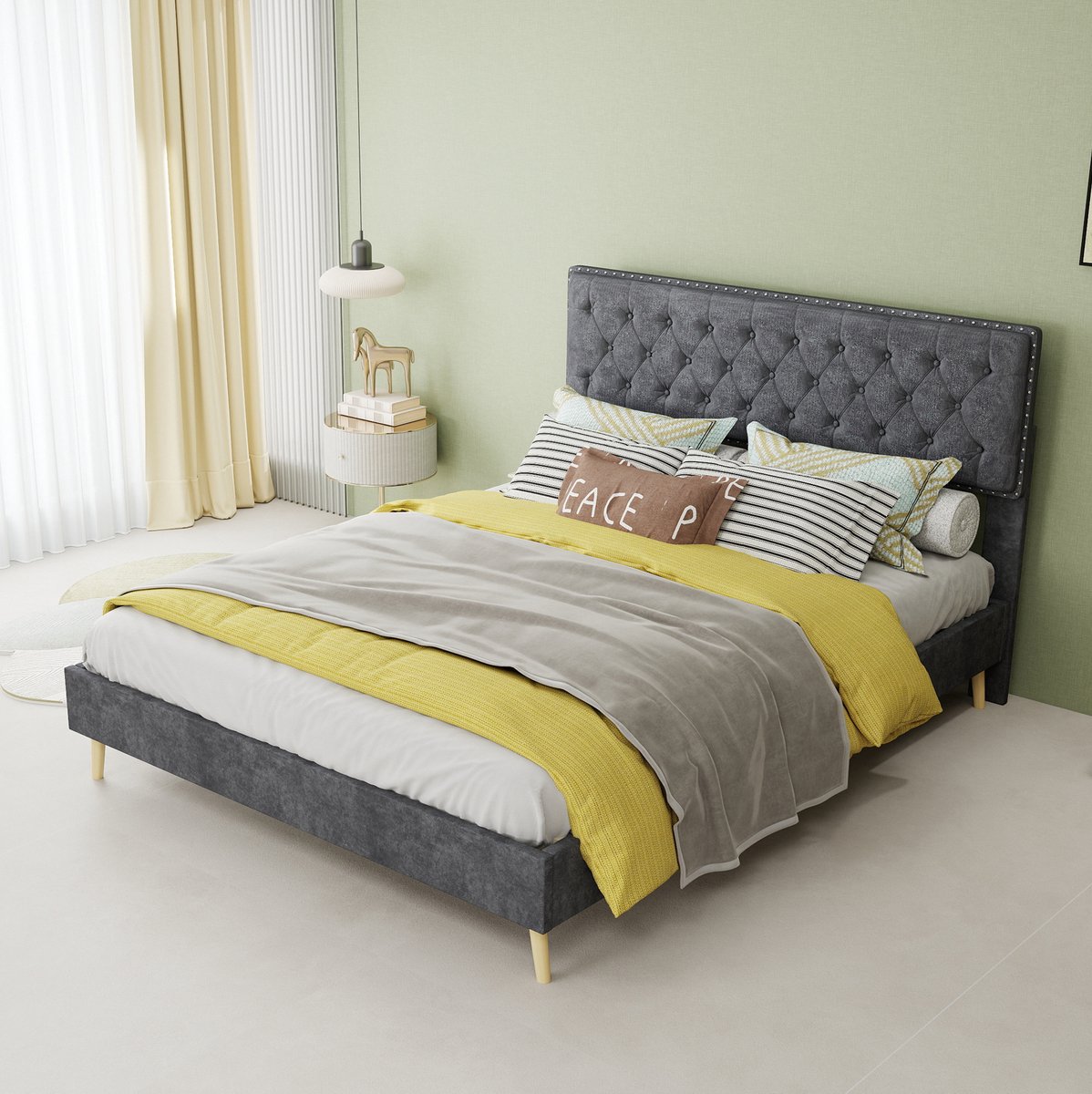 MEUNIQ gestoffeerd bedframe 140x200 cm met hoog hoofdbord, lattenbodem en opbergruimte onder het bed, tweepersoons bed voor slaapkamer, grijs