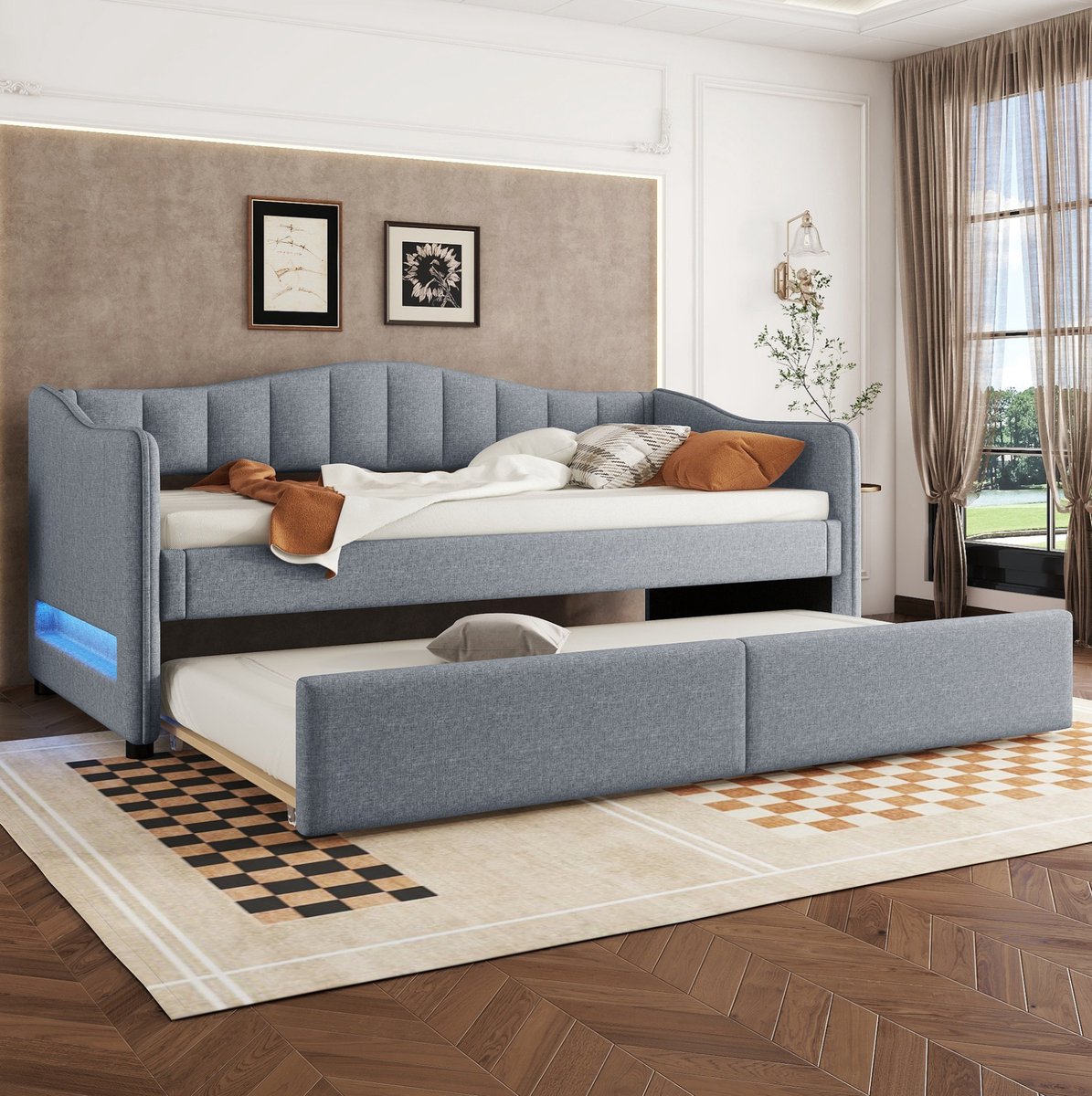MEUNIQ slaapbank daybed 90x200 cm met uitschuifbaar onderschuifbed, LED-verlichting, lattenbodem, stof en MDF, eenpersoons bed voor slaapkamer of logeerkamer, grijs