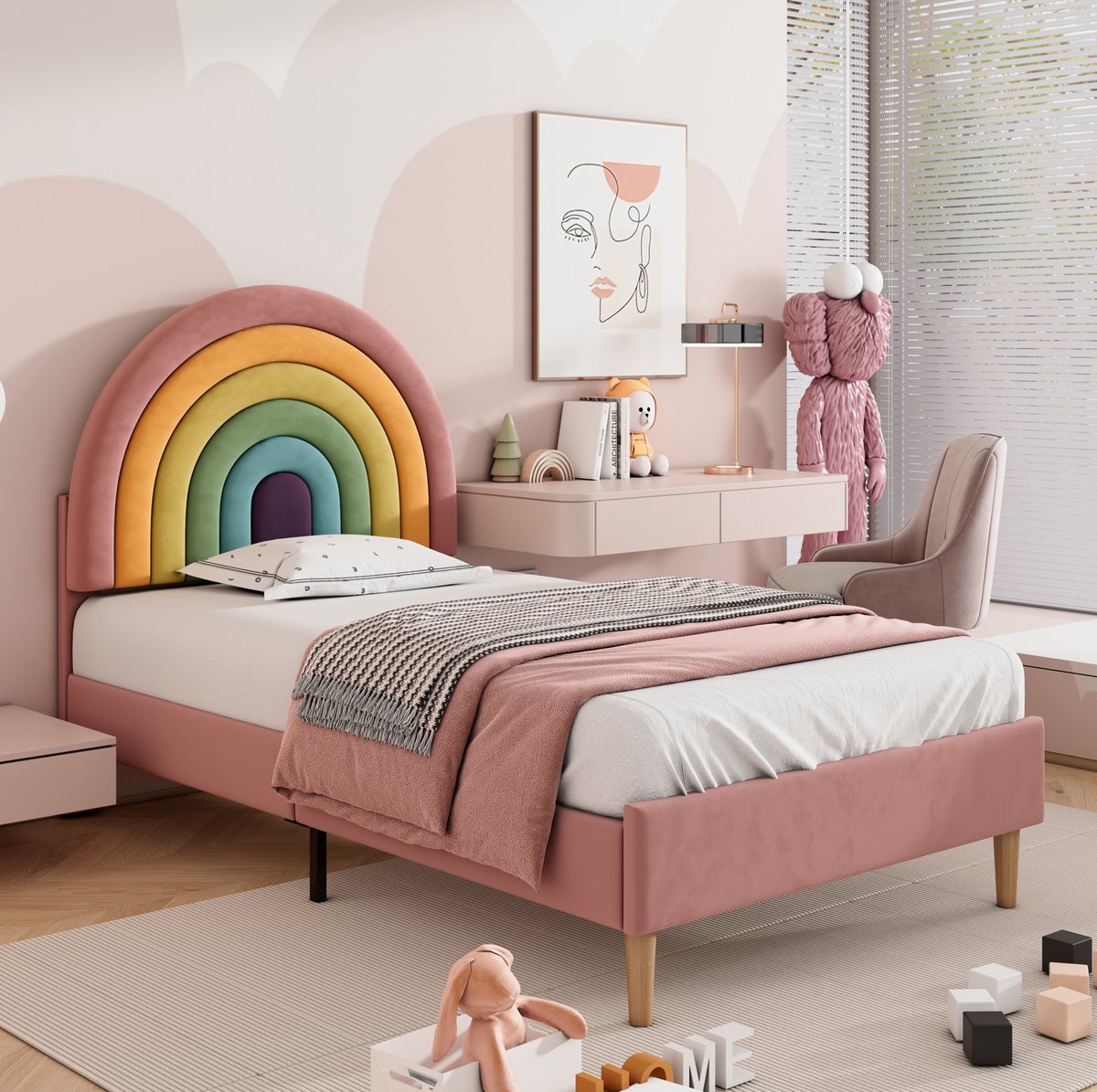 MEUNIQ fluwelen eenpersoonsbed 90x200 cm met lattenbodem en verstelbaar hoofdbord, roze gestoffeerd bedframe met regenboogvormig hoofdeinde voor slaapkamer