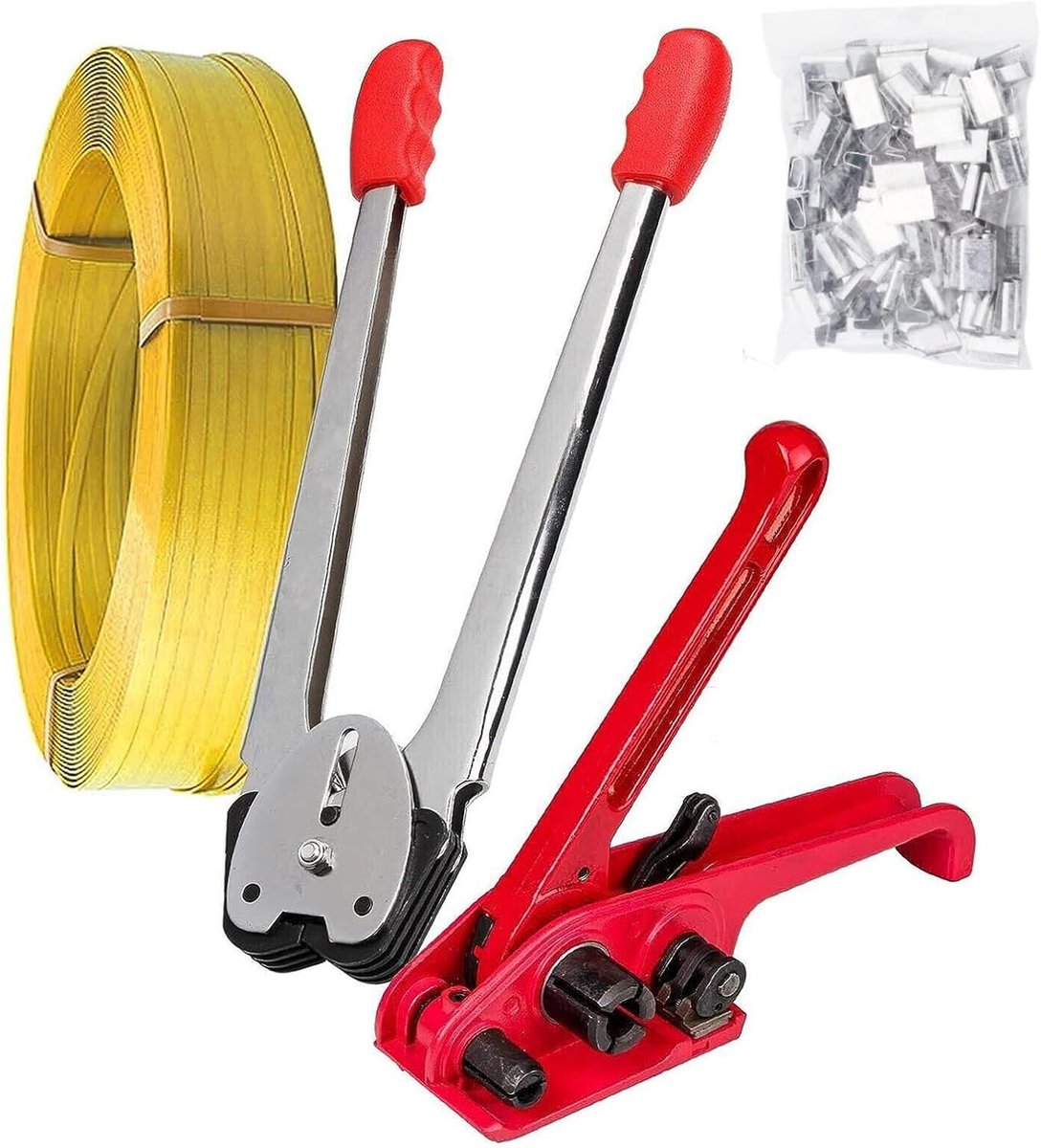 Verpakkingsband Set - Omsnoeringsset Banden - Goederen Zekeren - 4-in-1 Handmatig Gereedschap - 100m Band 50 Spoelen - Grijs