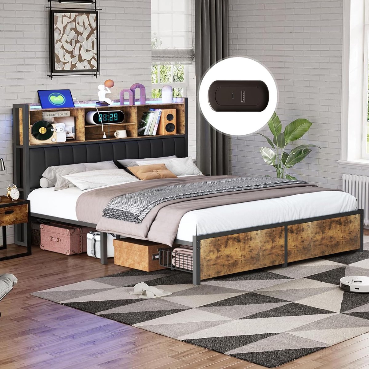 Gestoffeerd Bed - Dubbel Bed - Slaapkamer Inrichting - Met LED Verlichting - 140 x 200 cm - Zwart