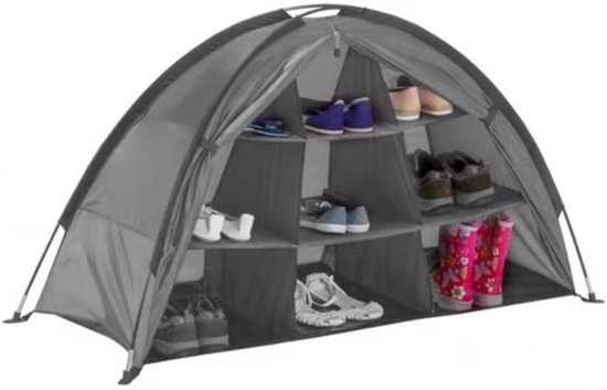 Grijze opbergtent met 9 vakken, gevuld met schoenen en laarzen.